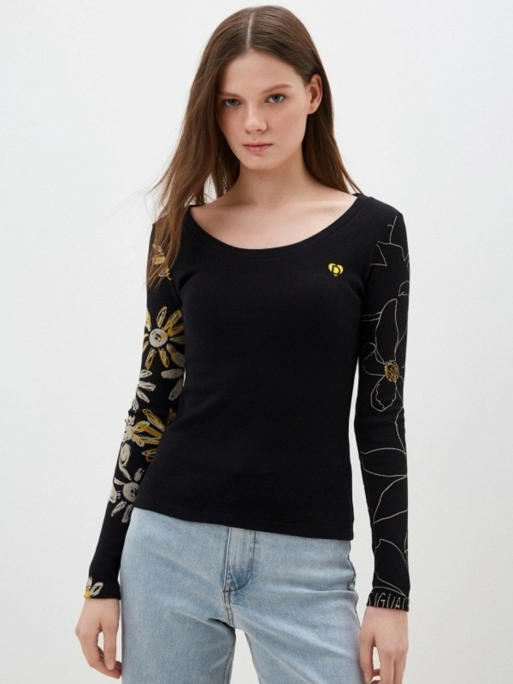 Desigual Black Long-Sleeve Scoop Neck Top with Floral Sleeve Detail Size L